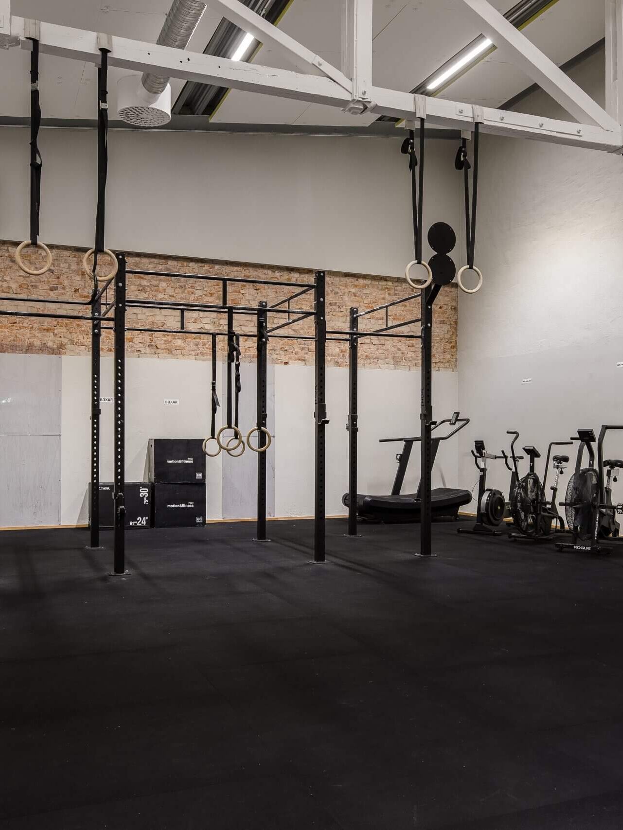 Sal från gym med konditionsmaskiner, rigg och ringar från taket.